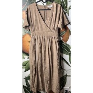 Mod Ref Large Tan Surplice Belted Short Sleeve Dress Gauze Texture Casual